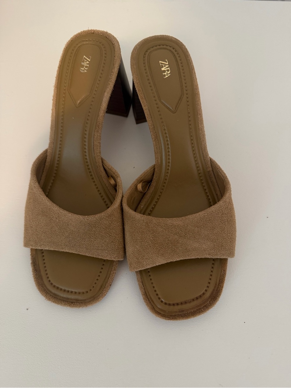 Zara Tan Suede Block Heel Slide Mules - Picture 2 of 2